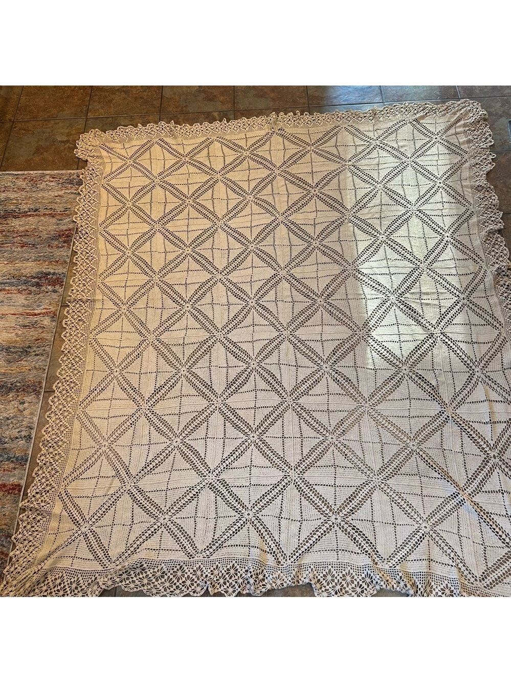 Vintage Crocheted Bedspread Tablecloth Granny Chic Tan Square French Country